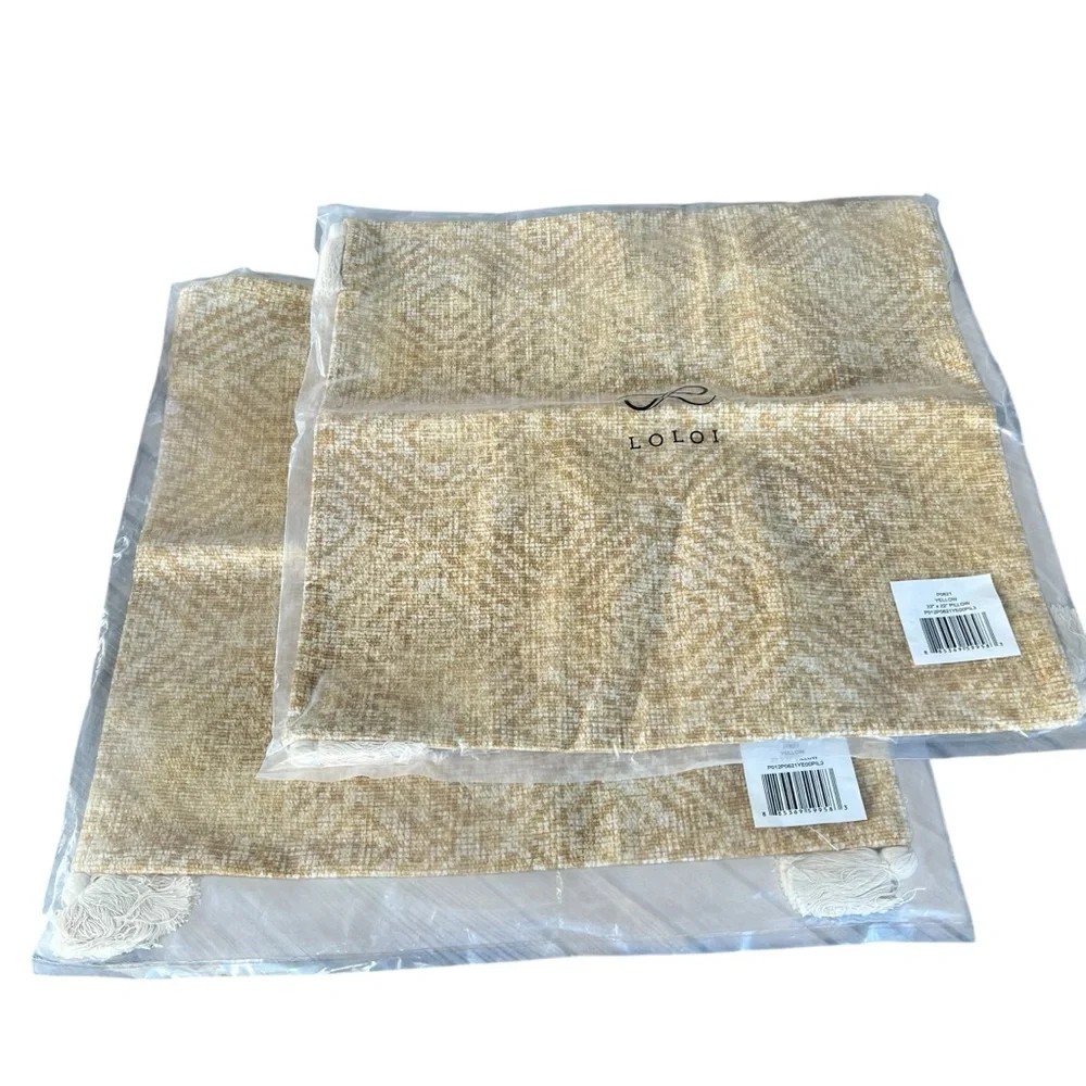 Loloi P0621 Yellow Diamond Pattern Handwoven Accent Pillow Set Tassels 22x22 NWT